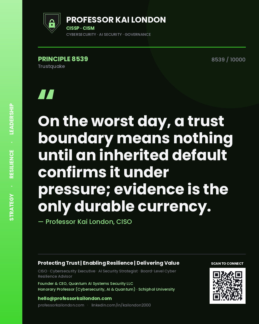 Professor Kai London principle 8539: On the worst day, a trust boundary means nothing until an inherited default confirms it under pressure; evidence is the only durable currency.
