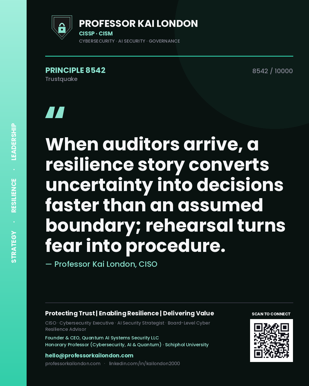 Professor Kai London principle 8542: When auditors arrive, a resilience story converts uncertainty into decisions faster than an assumed boundary; rehearsal turns fear into procedure.