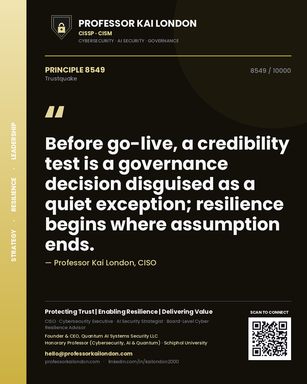 Professor Kai London principle 8549: Before go-live, a credibility test is a governance decision disguised as a quiet exception; resilience begins where assumption ends.