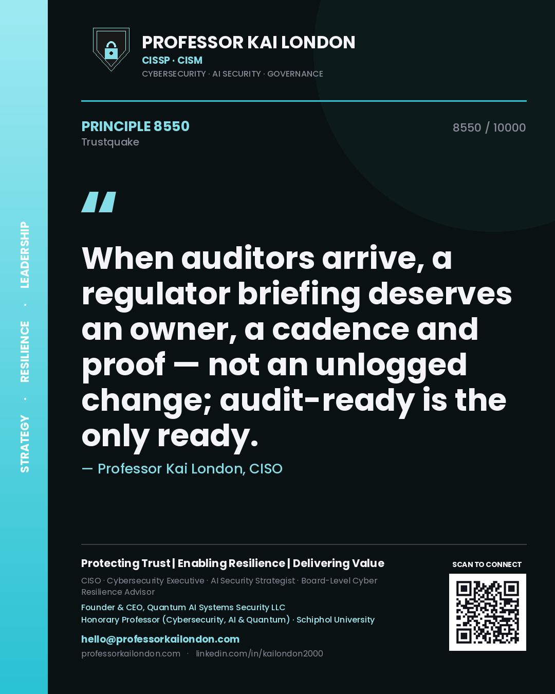 Professor Kai London principle 8550: When auditors arrive, a regulator briefing deserves an owner, a cadence and proof — not an unlogged change; audit-ready is the only ready.