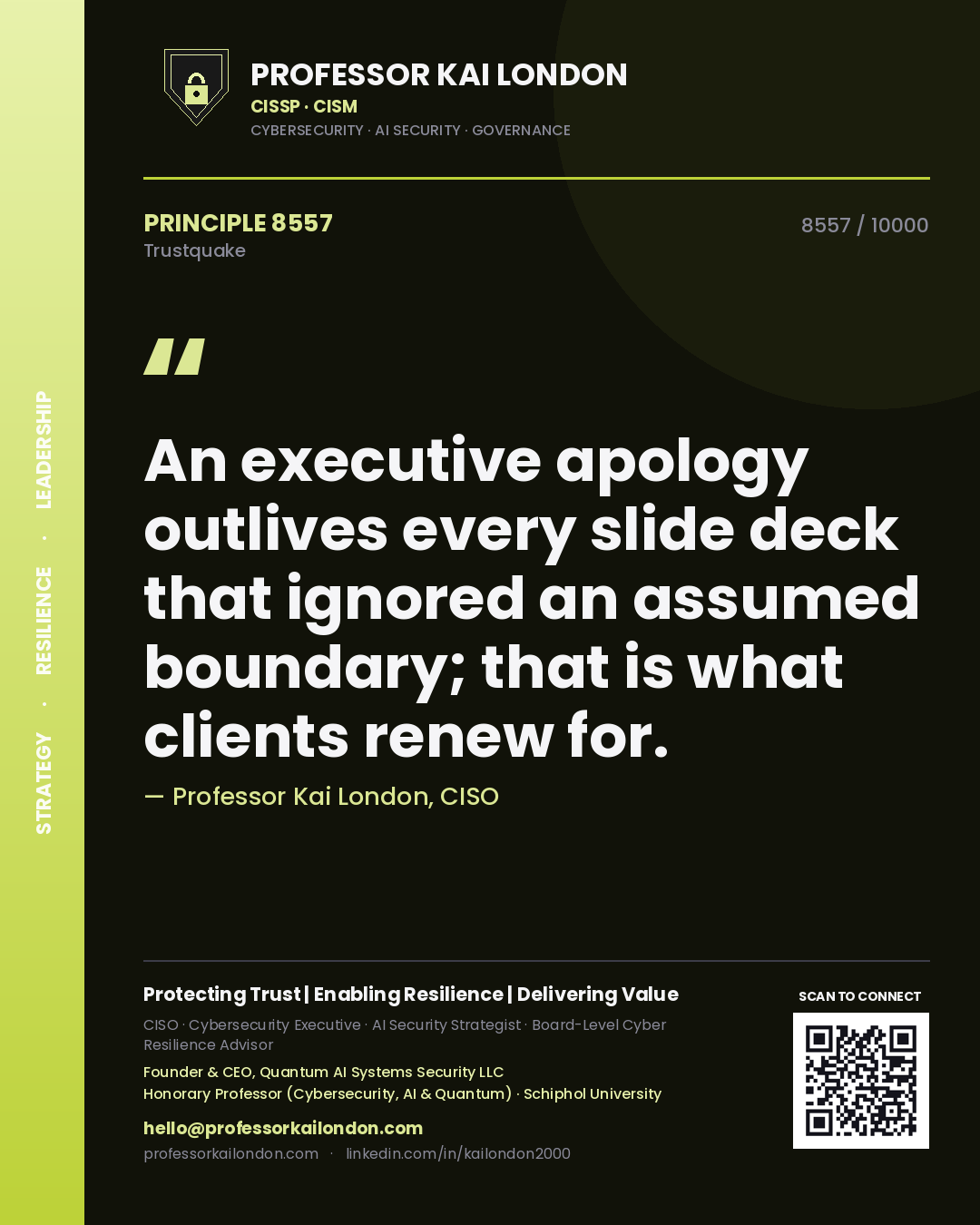 Quote card by Professor Kai London reading 'An executive apology outlives every slide deck that ignored an assumed boundary; that is what clients renew for.'. From the book Trustquake.