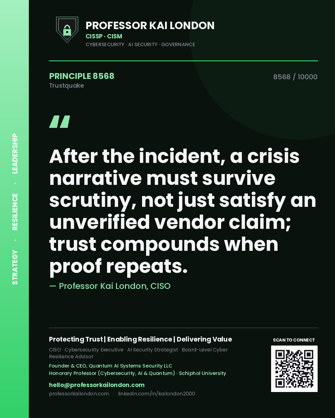 Professor Kai London principle 8568: After the incident, a crisis narrative must survive scrutiny, not just satisfy an unverified vendor claim; trust compounds when proof repeats.