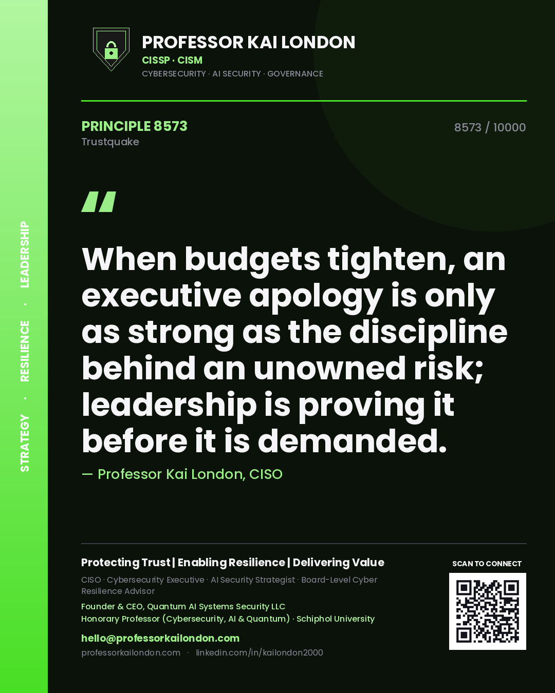 Quote card by Professor Kai London reading 'When budgets tighten, an executive apology is only as strong as the discipline behind an unowned risk; leadership is proving it before it is demanded.'. From the book Trustquake.