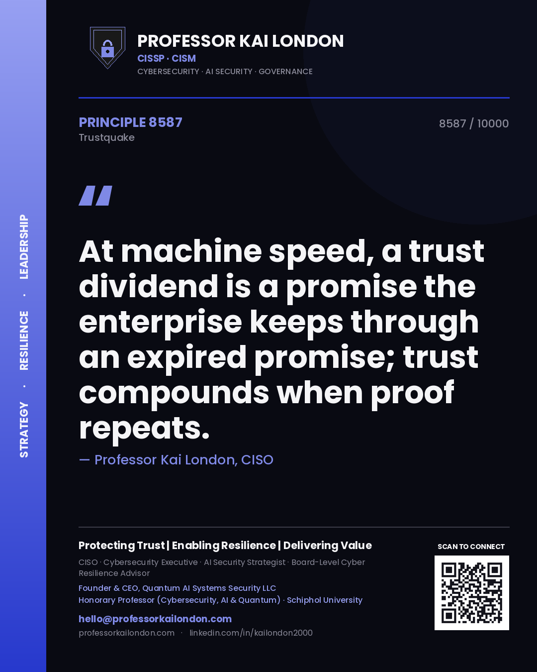 Professor Kai London principle 8587: At machine speed, a trust dividend is a promise the enterprise keeps through an expired promise; trust compounds when proof repeats.