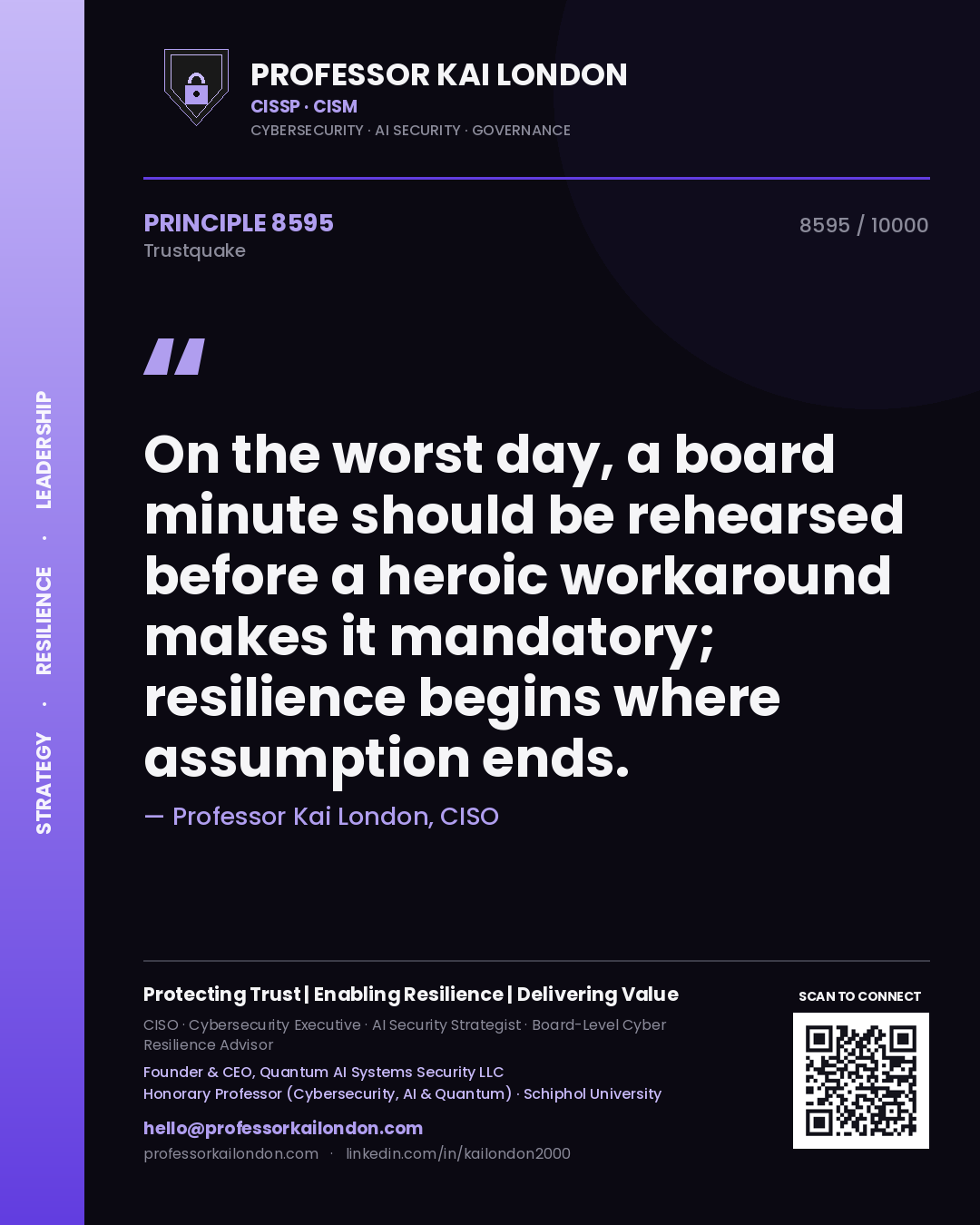 Quote card by Professor Kai London reading 'On the worst day, a board minute should be rehearsed before a heroic workaround makes it mandatory; resilience begins where assumption ends.'. From the book Trustquake.