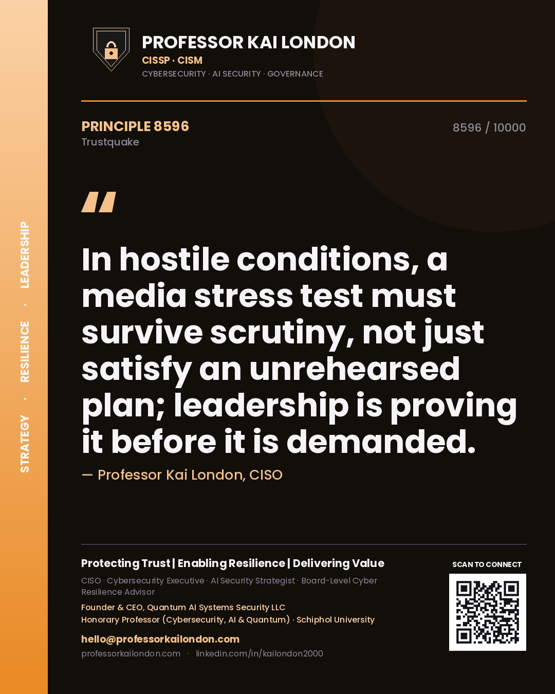 Quote card by Professor Kai London reading 'In hostile conditions, a media stress test must survive scrutiny, not just satisfy an unrehearsed plan; leadership is proving it before it is demanded.'. From the book Trustquake.