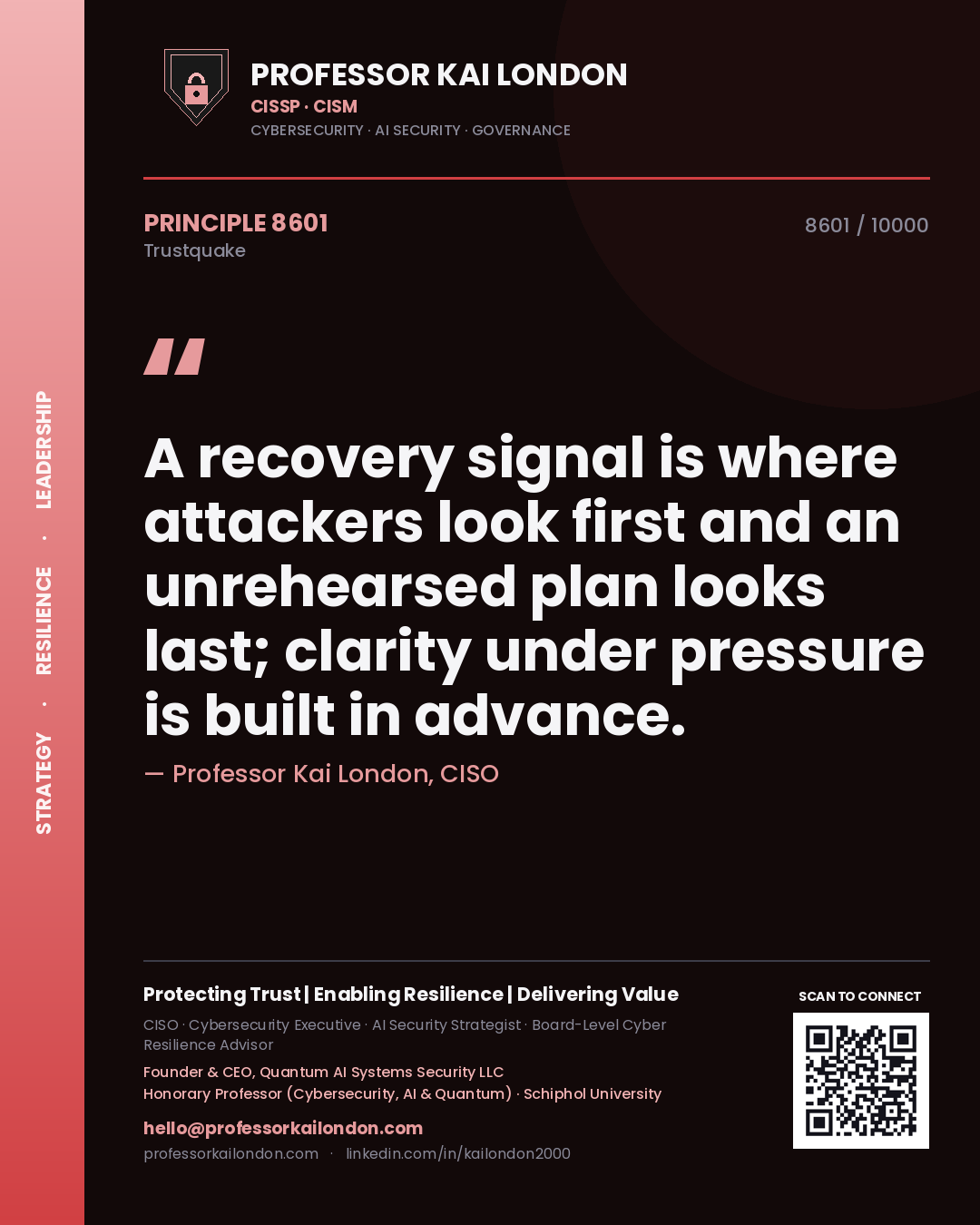 Professor Kai London principle 8601: A recovery signal is where attackers look first and an unrehearsed plan looks last; clarity under pressure is built in advance.