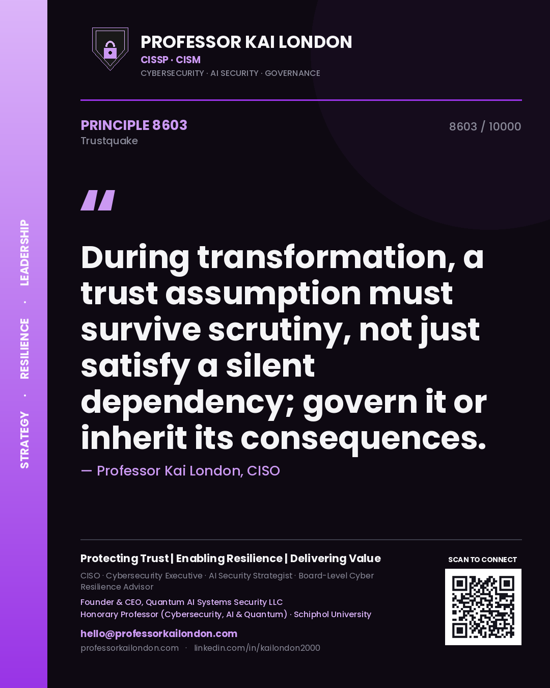 Quote card by Professor Kai London reading 'During transformation, a trust assumption must survive scrutiny, not just satisfy a silent dependency; govern it or inherit its consequences.'. From the book Trustquake.