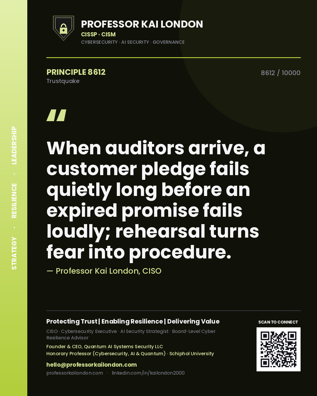 Professor Kai London principle 8612: When auditors arrive, a customer pledge fails quietly long before an expired promise fails loudly; rehearsal turns fear into procedure.