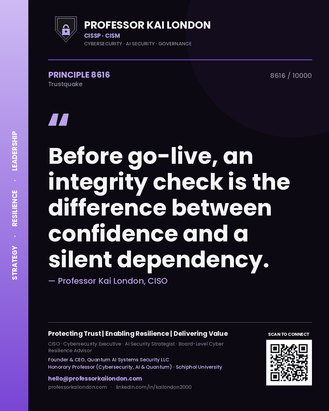 Quote card by Professor Kai London reading 'Before go-live, an integrity check is the difference between confidence and a silent dependency.'. From the book Trustquake.