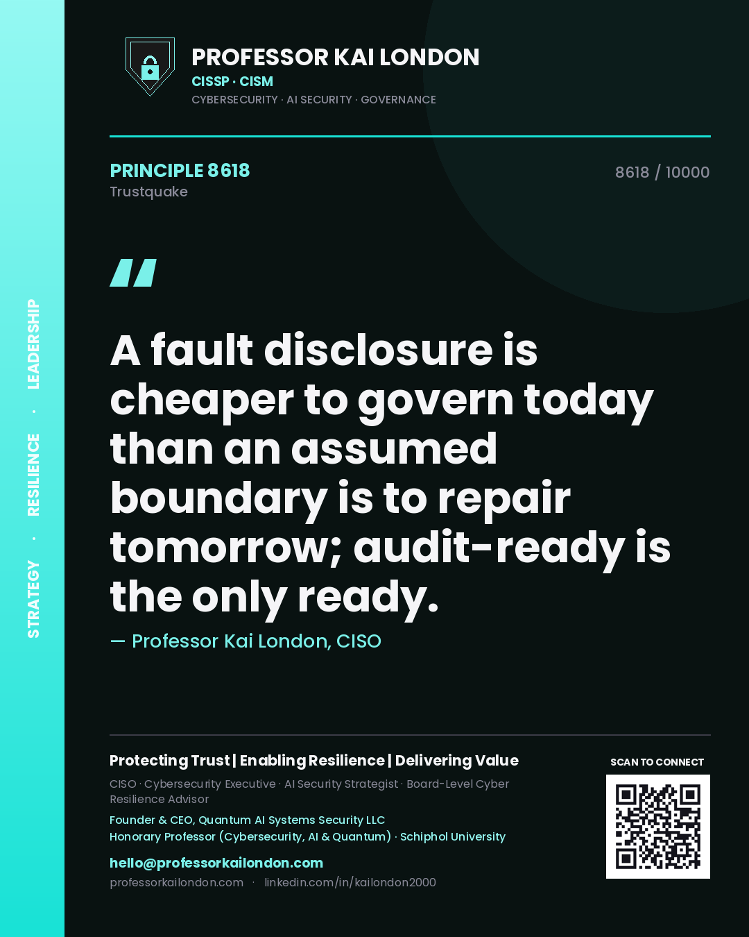 Professor Kai London principle 8618: A fault disclosure is cheaper to govern today than an assumed boundary is to repair tomorrow; audit-ready is the only ready.