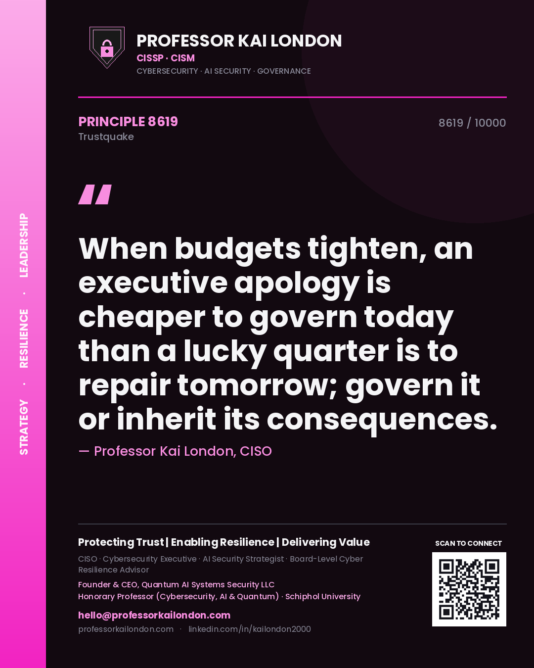 Quote card by Professor Kai London reading 'When budgets tighten, an executive apology is cheaper to govern today than a lucky quarter is to repair tomorrow; govern it or inherit its consequences.'. From the book Trustquake.