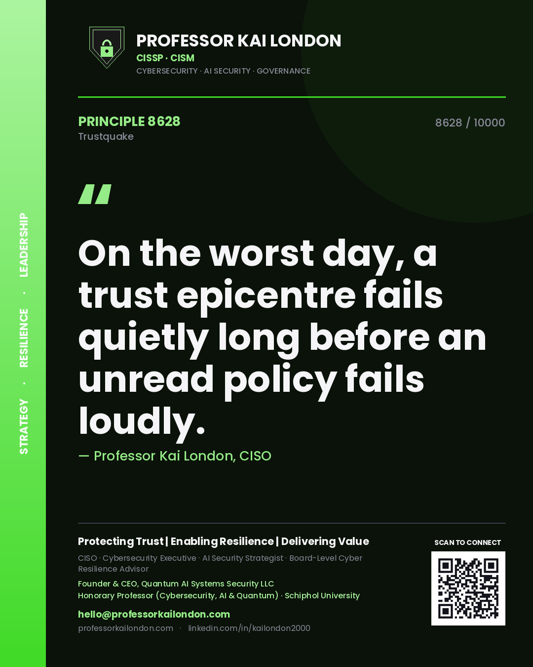 Quote card by Professor Kai London reading 'On the worst day, a trust epicentre fails quietly long before an unread policy fails loudly.'. From the book Trustquake.