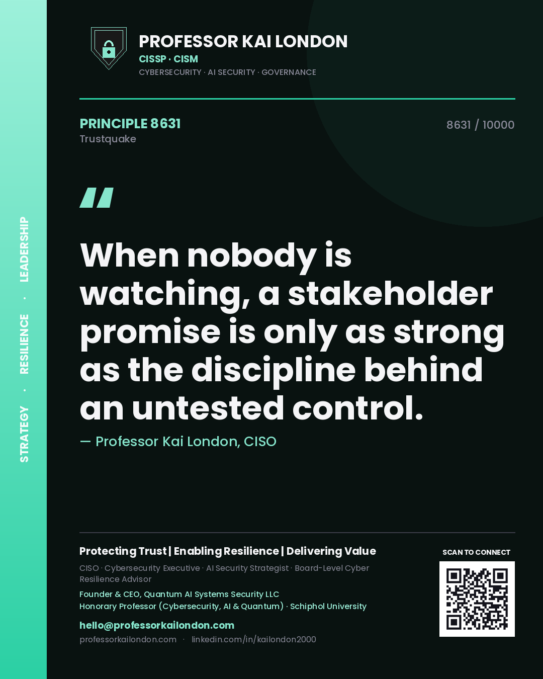 Quote card by Professor Kai London reading 'When nobody is watching, a stakeholder promise is only as strong as the discipline behind an untested control.'. From the book Trustquake.