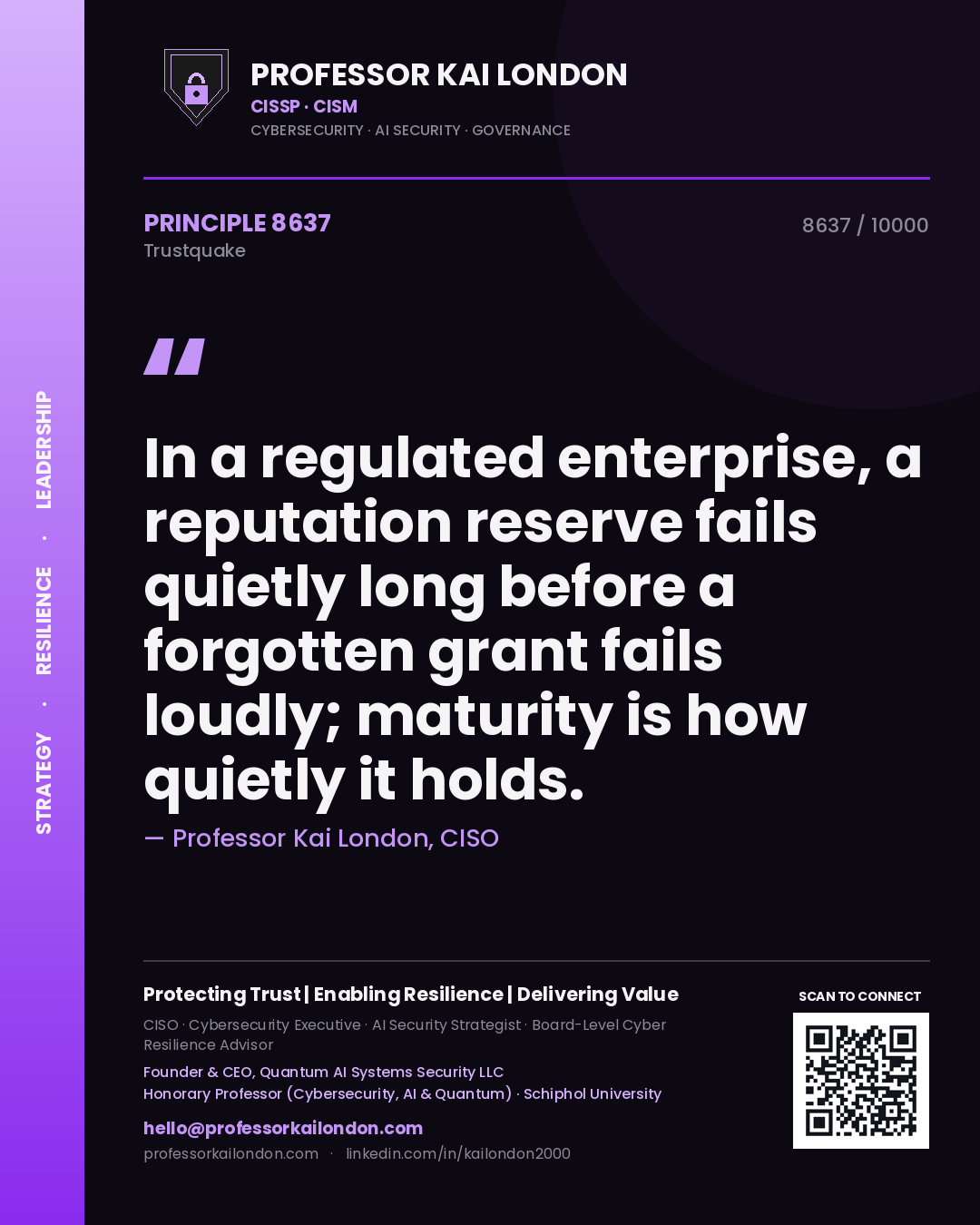 Quote card by Professor Kai London reading 'In a regulated enterprise, a reputation reserve fails quietly long before a forgotten grant fails loudly; maturity is how quietly it holds.'. From the book Trustquake.