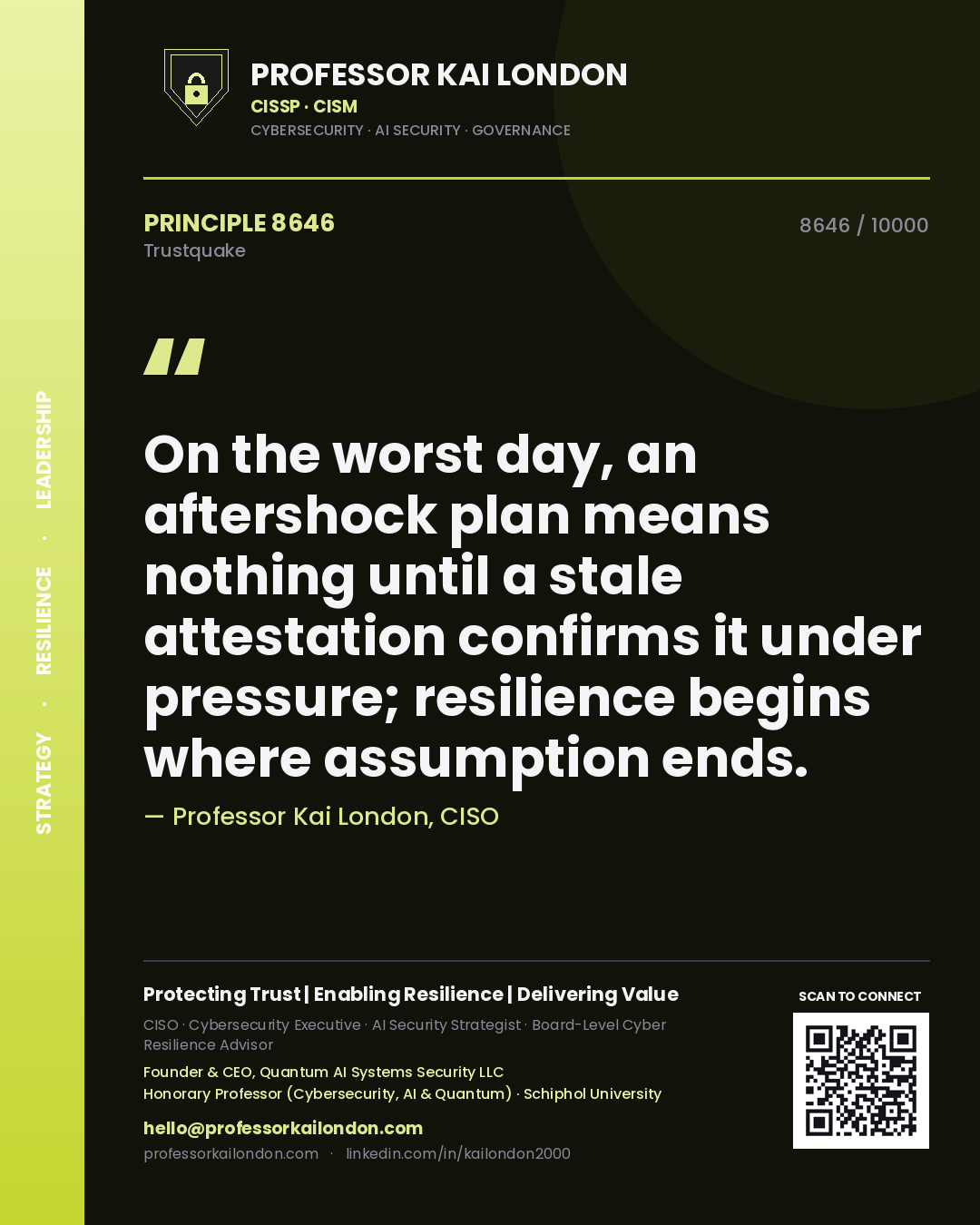 Quote card by Professor Kai London reading 'On the worst day, an aftershock plan means nothing until a stale attestation confirms it under pressure; resilience begins where assumption ends.'. From the book Trustquake.