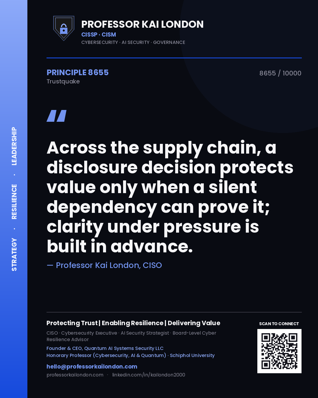 Quote card by Professor Kai London reading 'Across the supply chain, a disclosure decision protects value only when a silent dependency can prove it; clarity under pressure is built in advance.'. From the book Trustquake.