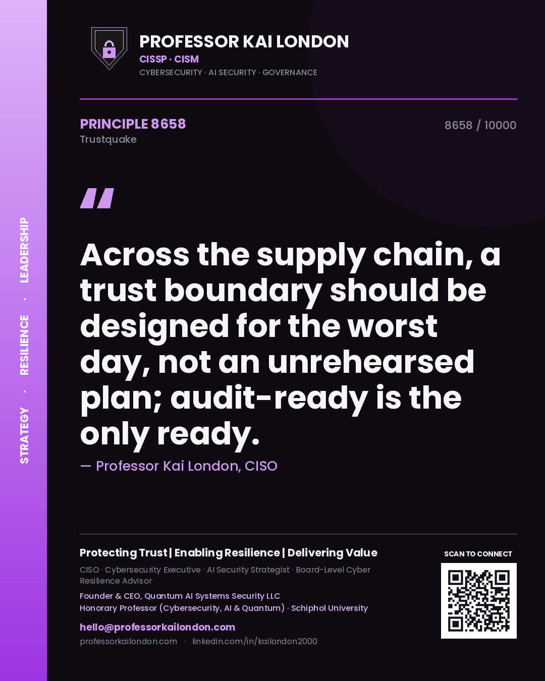 Quote card by Professor Kai London reading 'Across the supply chain, a trust boundary should be designed for the worst day, not an unrehearsed plan; audit-ready is the only ready.'. From the book Trustquake.