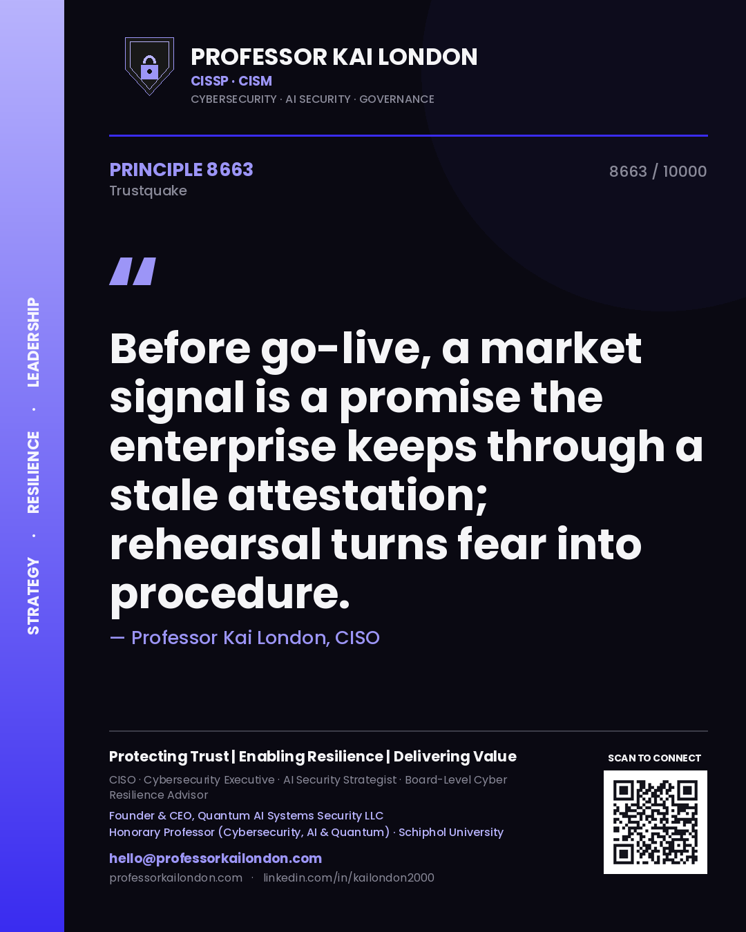 Quote card by Professor Kai London reading 'Before go-live, a market signal is a promise the enterprise keeps through a stale attestation; rehearsal turns fear into procedure.'. From the book Trustquake.