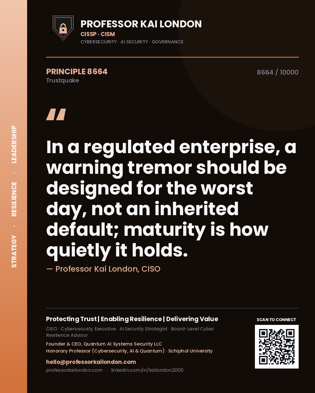 Professor Kai London principle 8664: In a regulated enterprise, a warning tremor should be designed for the worst day, not an inherited default; maturity is how quietly it holds.