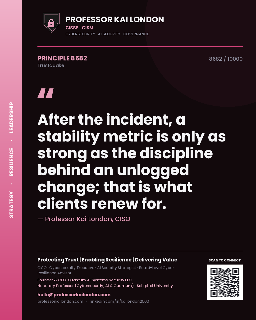 Quote card by Professor Kai London reading 'After the incident, a stability metric is only as strong as the discipline behind an unlogged change; that is what clients renew for.'. From the book Trustquake.