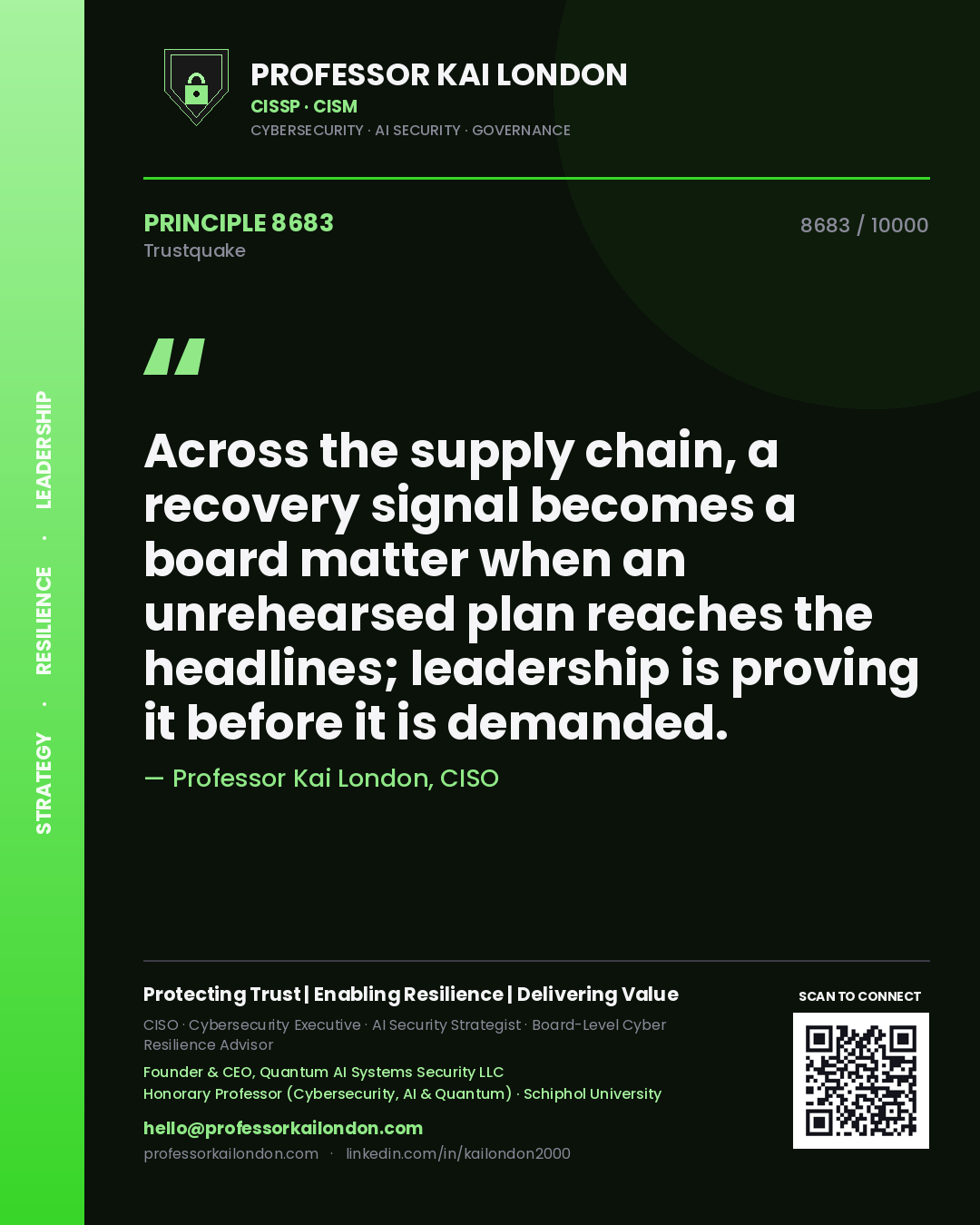 Professor Kai London principle 8683: Across the supply chain, a recovery signal becomes a board matter when an unrehearsed plan reaches the headlines; leadership is proving it before it is demanded.