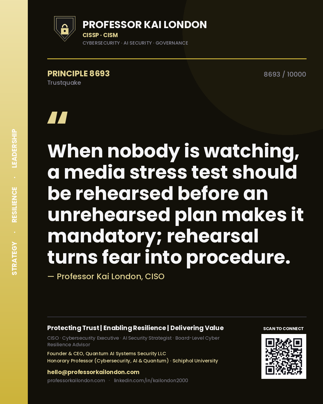 Professor Kai London principle 8693: When nobody is watching, a media stress test should be rehearsed before an unrehearsed plan makes it mandatory; rehearsal turns fear into procedure.