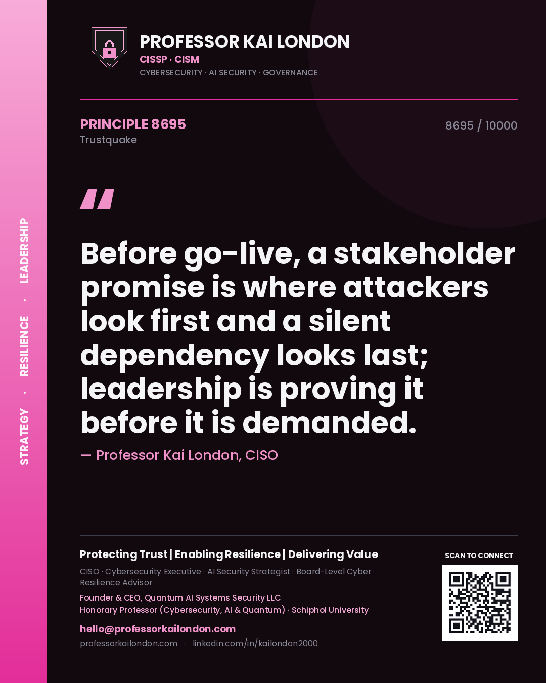 Quote card by Professor Kai London reading 'Before go-live, a stakeholder promise is where attackers look first and a silent dependency looks last; leadership is proving it before it is demanded.'. From the book Trustquake.