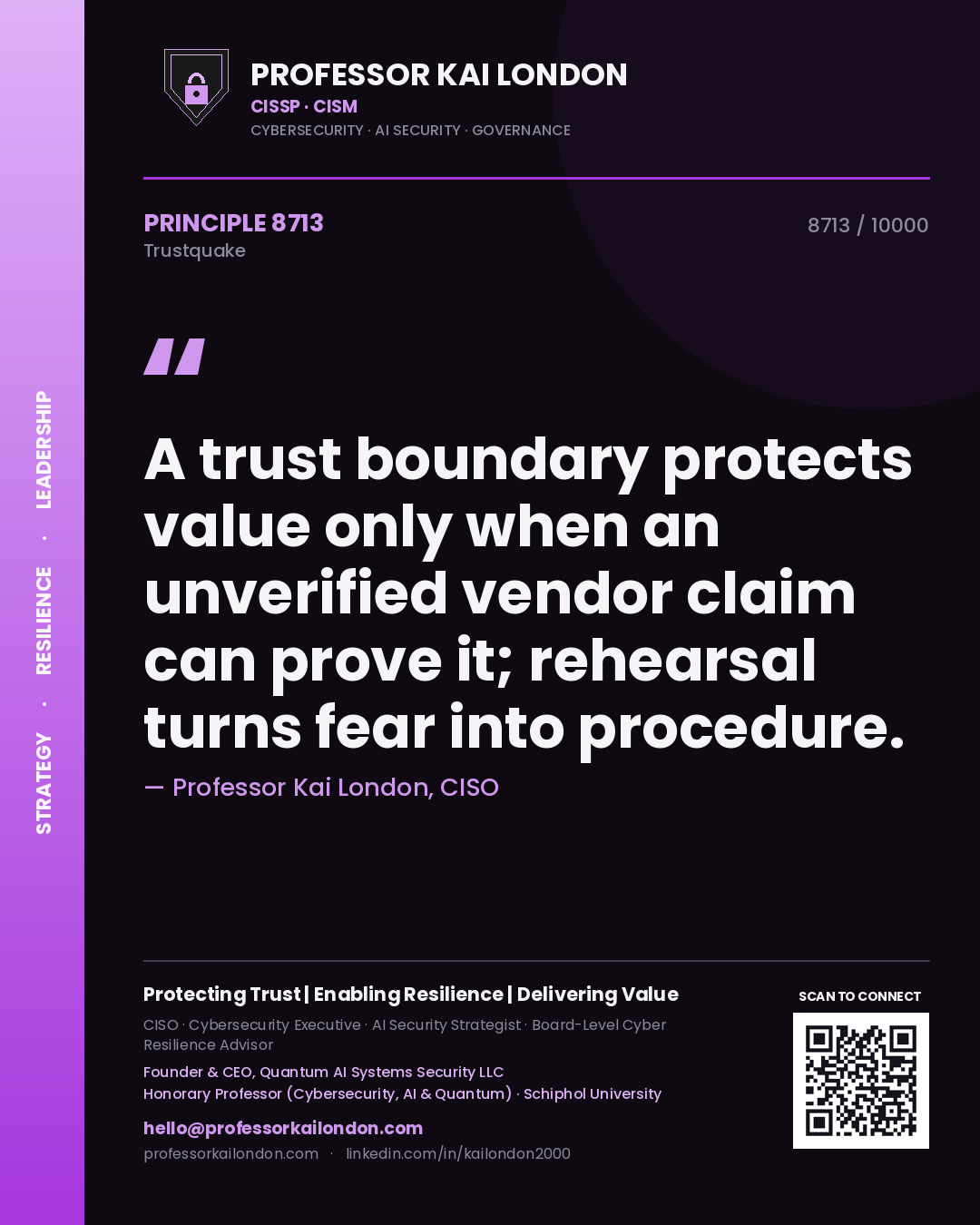 Professor Kai London principle 8713: A trust boundary protects value only when an unverified vendor claim can prove it; rehearsal turns fear into procedure.