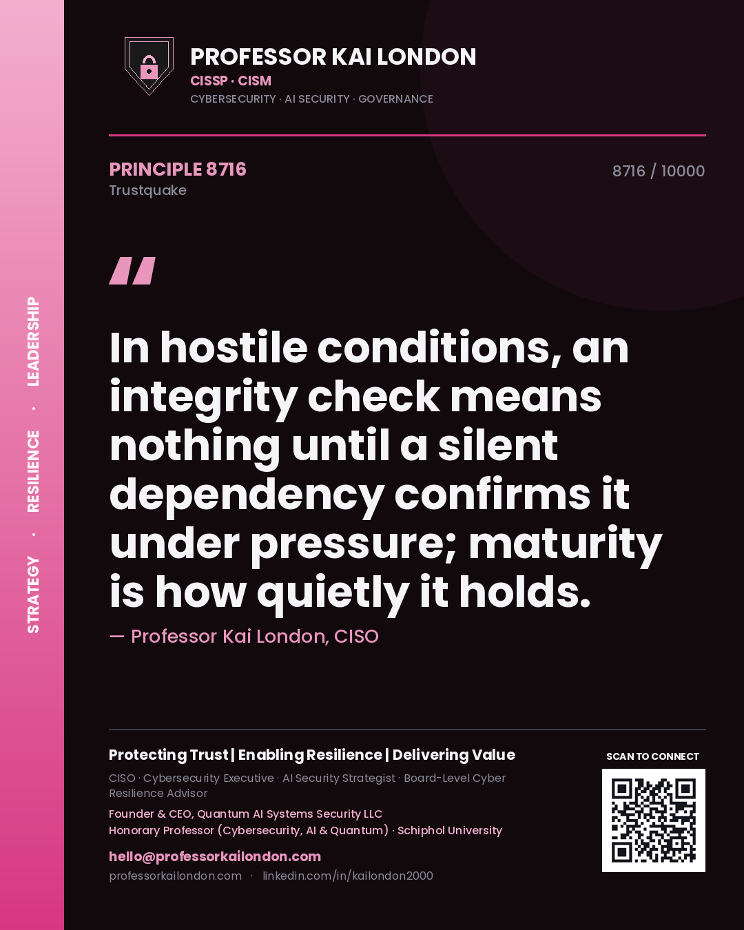 Quote card by Professor Kai London reading 'In hostile conditions, an integrity check means nothing until a silent dependency confirms it under pressure; maturity is how quietly it holds.'. From the book Trustquake.