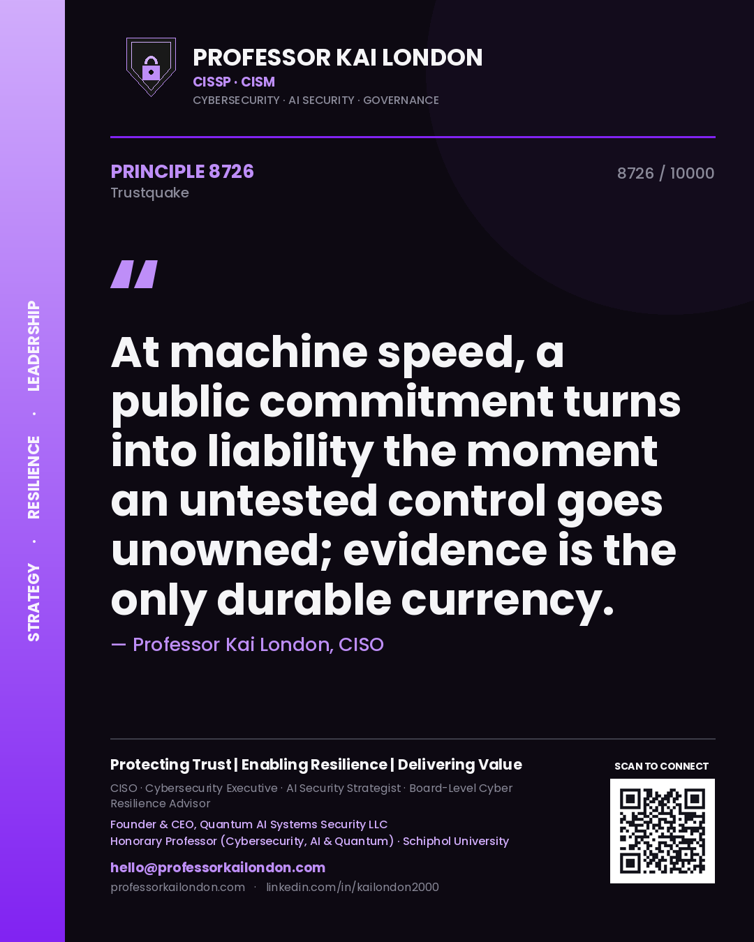 Quote card by Professor Kai London reading 'At machine speed, a public commitment turns into liability the moment an untested control goes unowned; evidence is the only durable currency.'. From the book Trustquake.