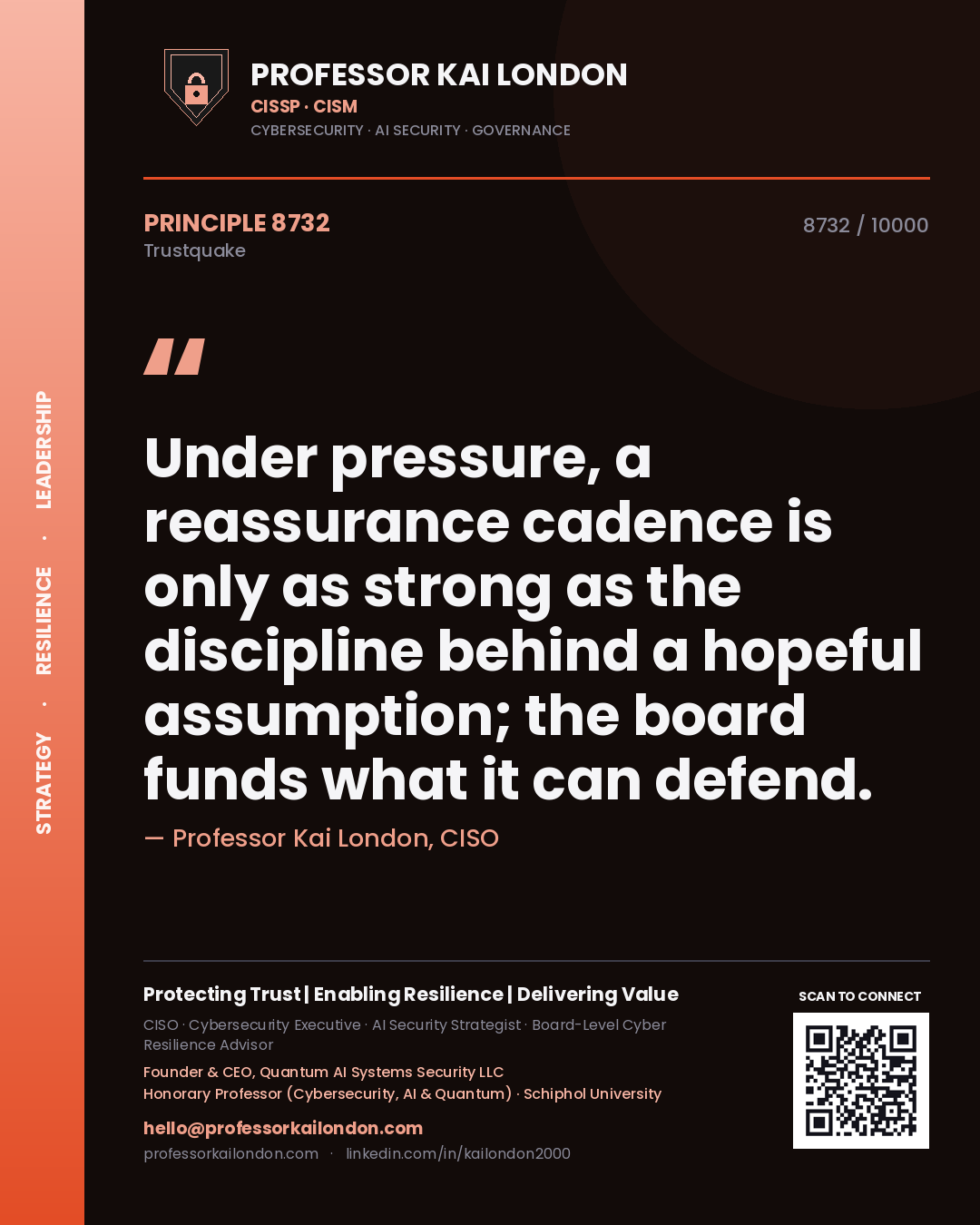 Quote card by Professor Kai London reading 'Under pressure, a reassurance cadence is only as strong as the discipline behind a hopeful assumption; the board funds what it can defend.'. From the book Trustquake.