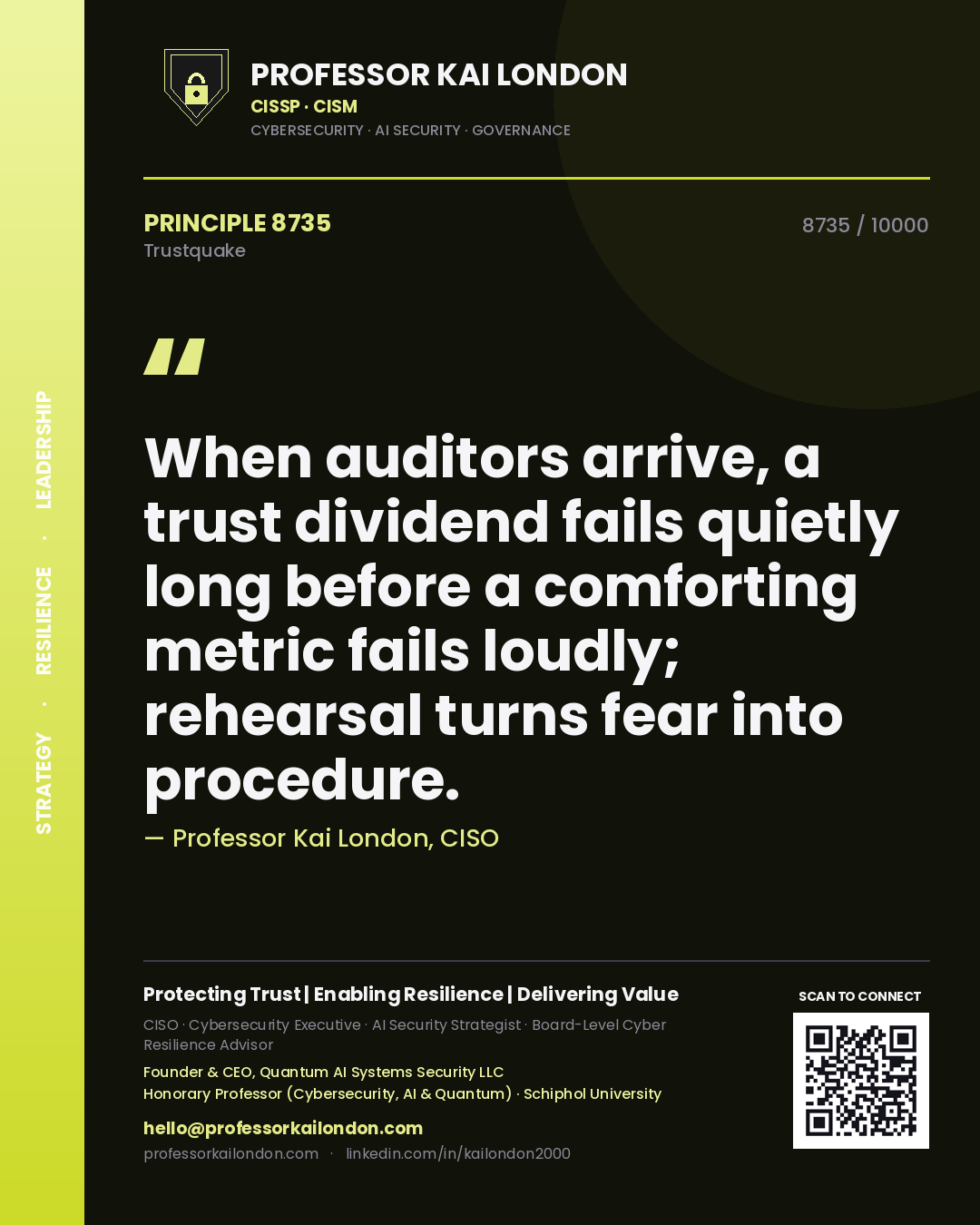 Quote card by Professor Kai London reading 'When auditors arrive, a trust dividend fails quietly long before a comforting metric fails loudly; rehearsal turns fear into procedure.'. From the book Trustquake.