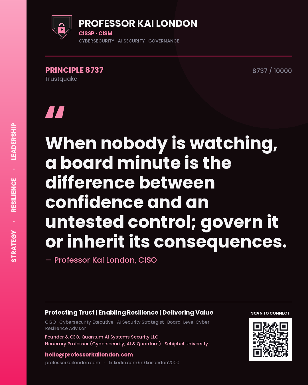 Quote card by Professor Kai London reading 'When nobody is watching, a board minute is the difference between confidence and an untested control; govern it or inherit its consequences.'. From the book Trustquake.