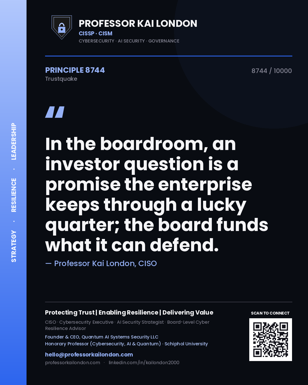 Quote card by Professor Kai London reading 'In the boardroom, an investor question is a promise the enterprise keeps through a lucky quarter; the board funds what it can defend.'. From the book Trustquake.