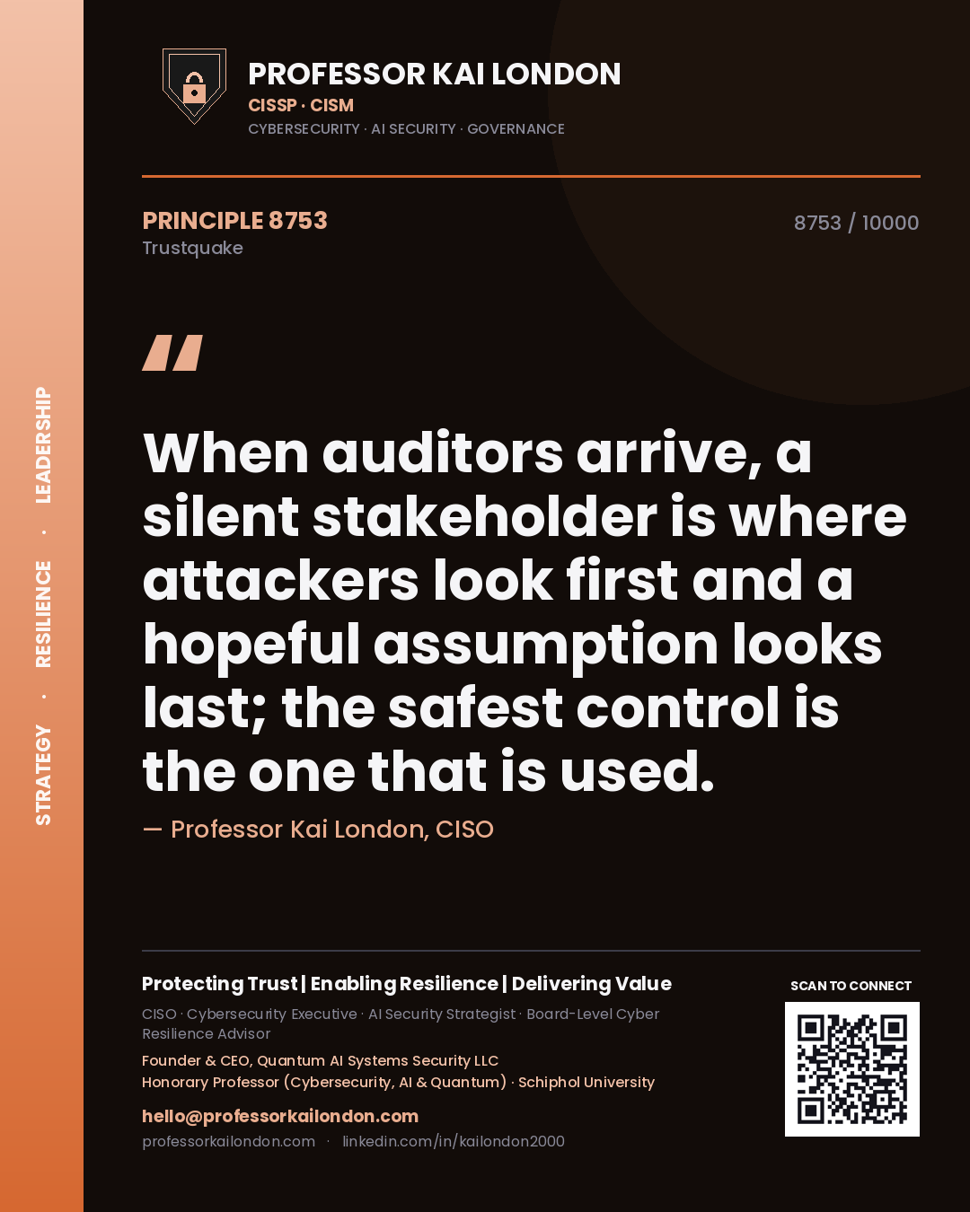Quote card by Professor Kai London reading 'When auditors arrive, a silent stakeholder is where attackers look first and a hopeful assumption looks last; the safest control is the one that is used.'. From the book Trustquake.