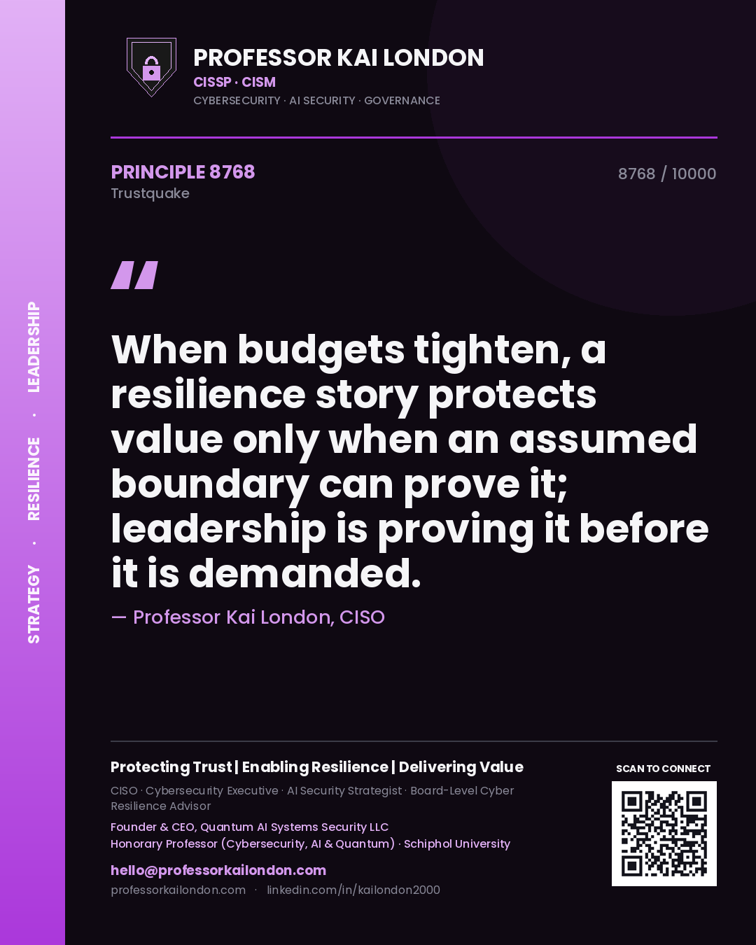 Quote card by Professor Kai London reading 'When budgets tighten, a resilience story protects value only when an assumed boundary can prove it; leadership is proving it before it is demanded.'. From the book Trustquake.