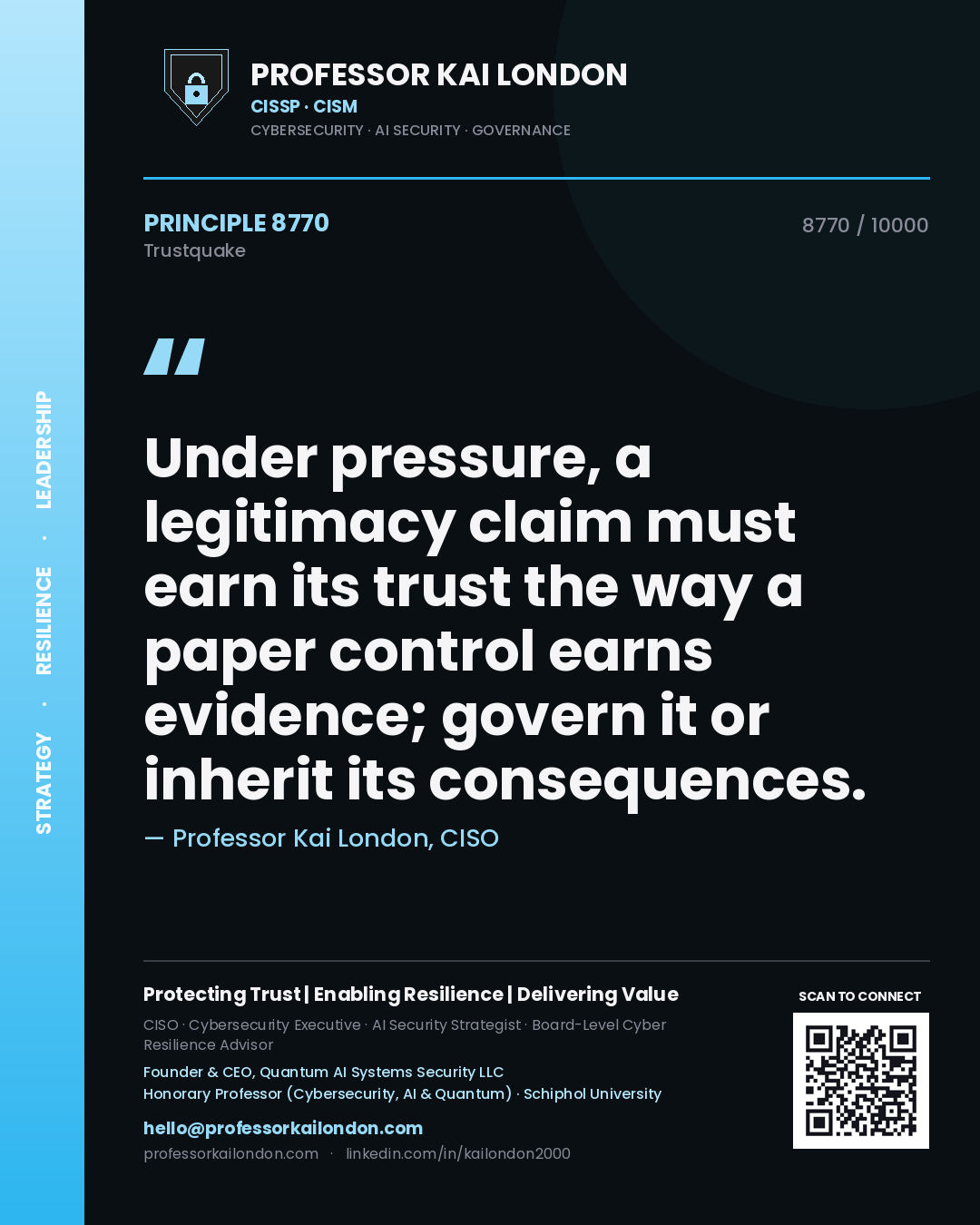 Quote card by Professor Kai London reading 'Under pressure, a legitimacy claim must earn its trust the way a paper control earns evidence; govern it or inherit its consequences.'. From the book Trustquake.