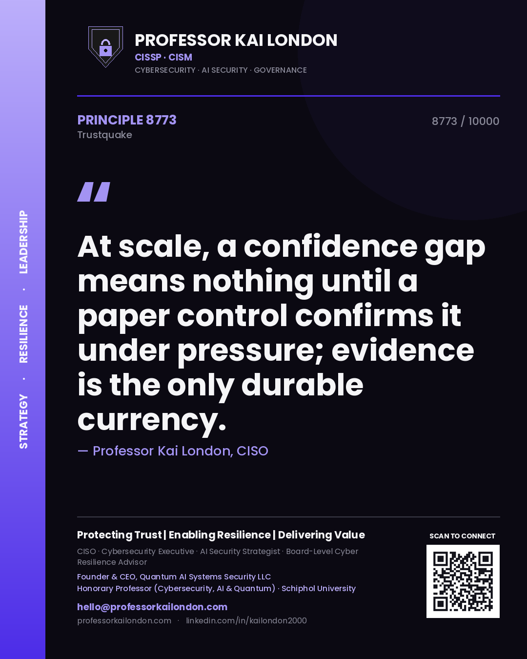 Quote card by Professor Kai London reading 'At scale, a confidence gap means nothing until a paper control confirms it under pressure; evidence is the only durable currency.'. From the book Trustquake.