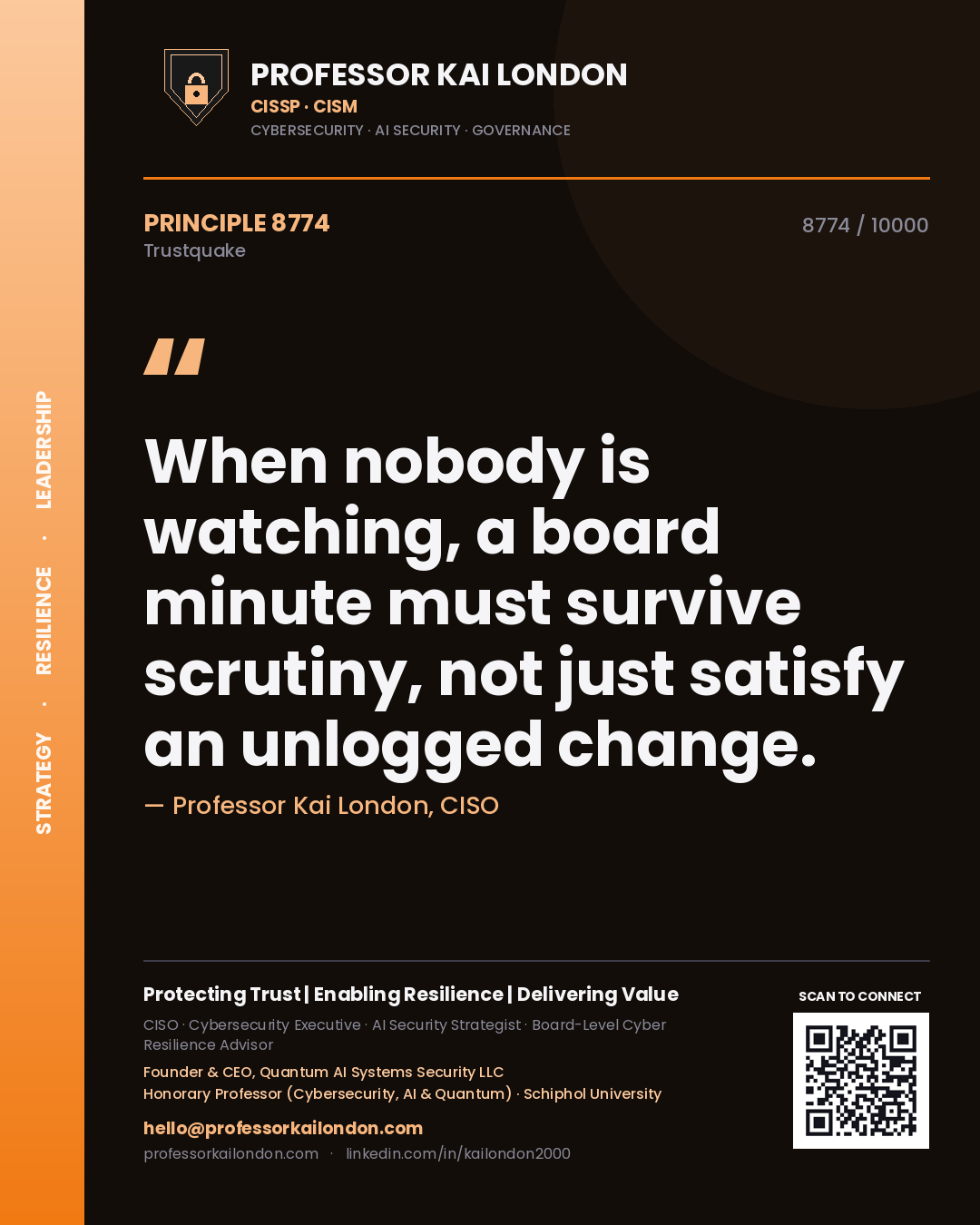 Quote card by Professor Kai London reading 'When nobody is watching, a board minute must survive scrutiny, not just satisfy an unlogged change.'. From the book Trustquake.