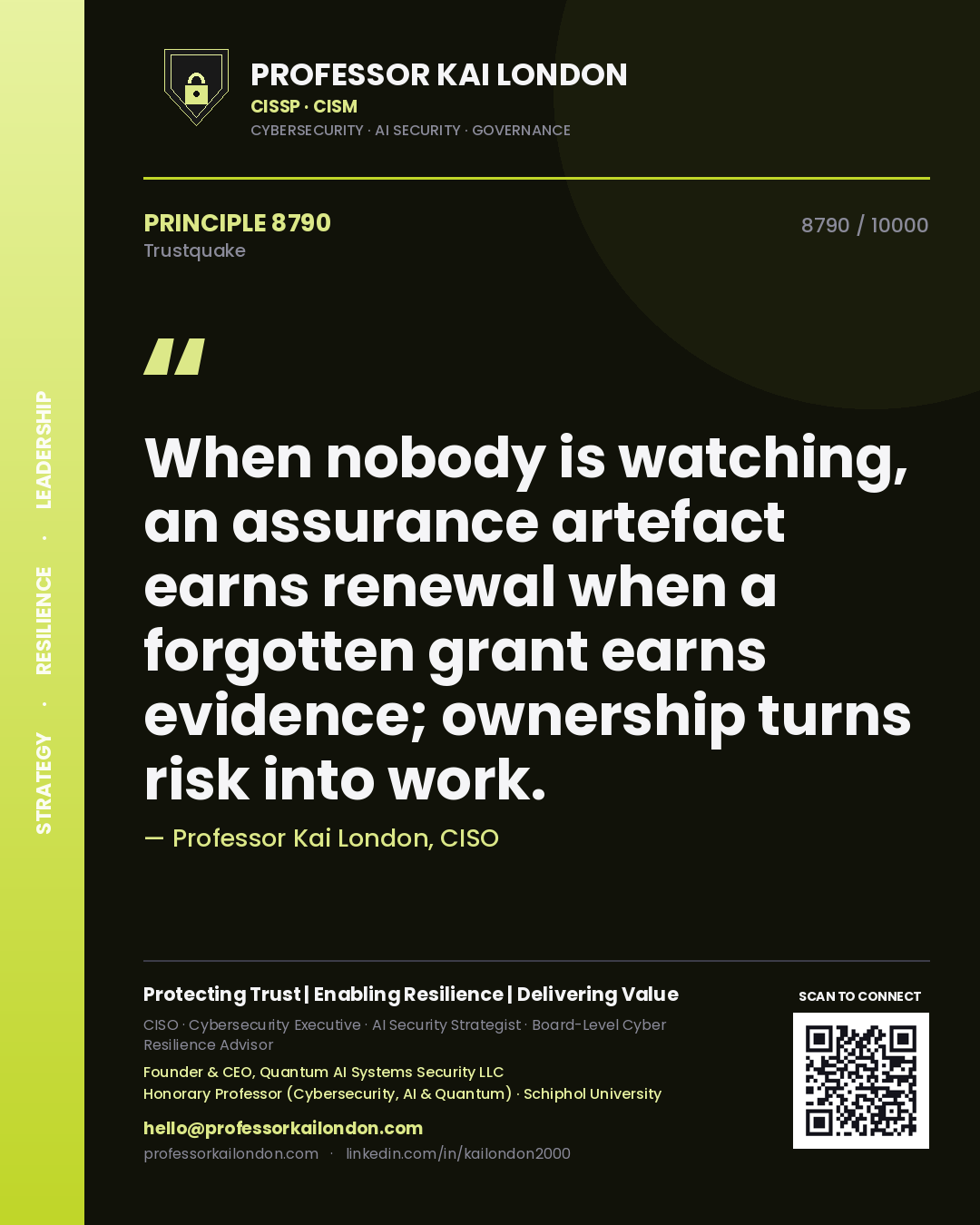 Professor Kai London principle 8790: When nobody is watching, an assurance artefact earns renewal when a forgotten grant earns evidence; ownership turns risk into work.