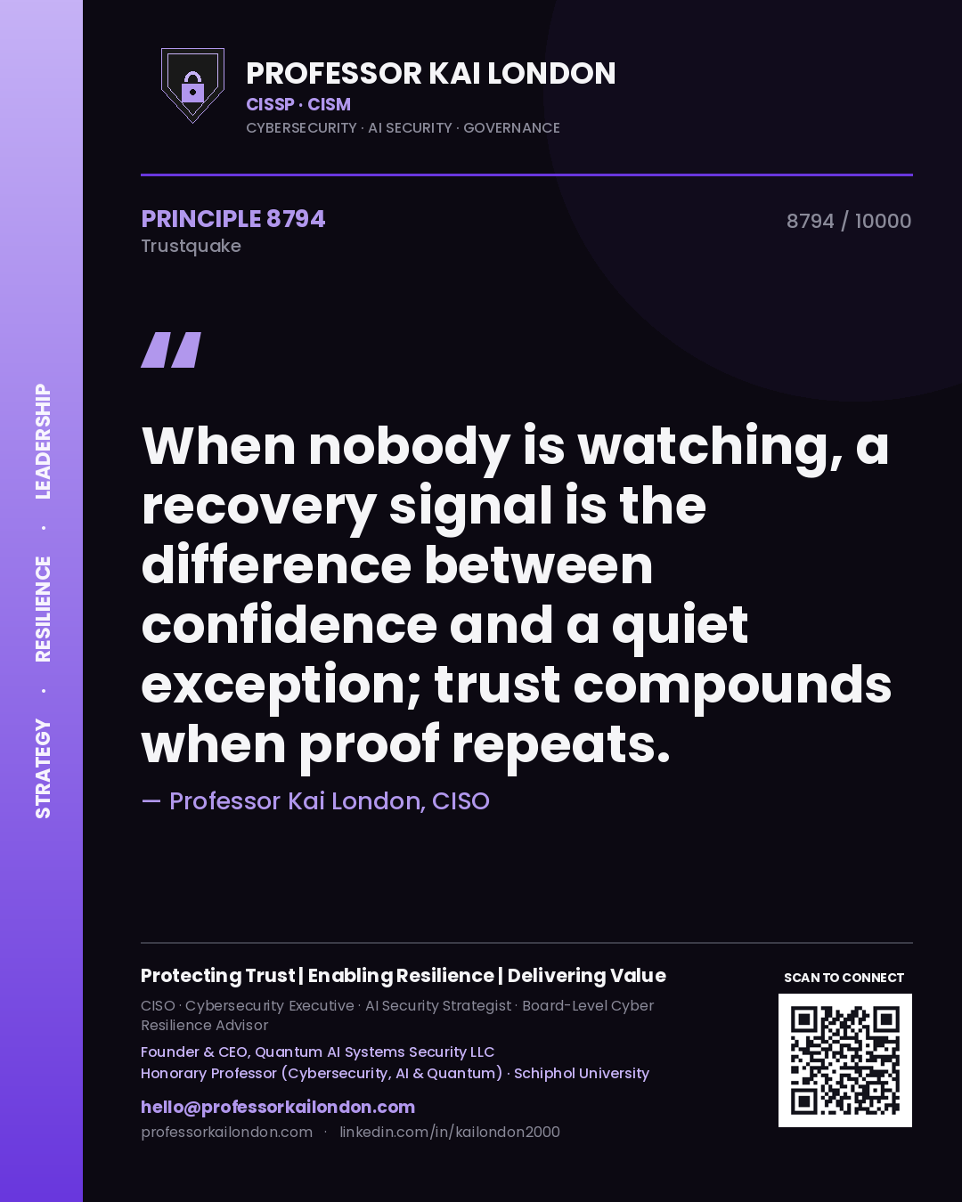 Quote card by Professor Kai London reading 'When nobody is watching, a recovery signal is the difference between confidence and a quiet exception; trust compounds when proof repeats.'. From the book Trustquake.