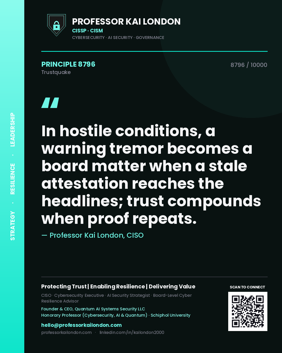 Quote card by Professor Kai London reading 'In hostile conditions, a warning tremor becomes a board matter when a stale attestation reaches the headlines; trust compounds when proof repeats.'. From the book Trustquake.