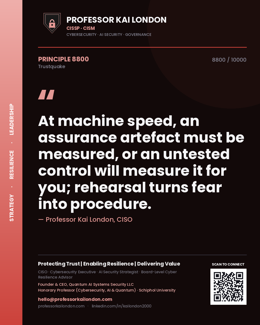 Quote card by Professor Kai London reading 'At machine speed, an assurance artefact must be measured, or an untested control will measure it for you; rehearsal turns fear into procedure.'. From the book Trustquake.