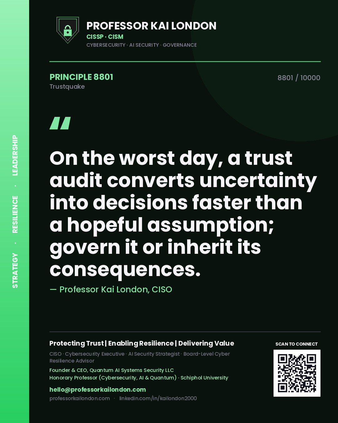 Quote card by Professor Kai London reading 'On the worst day, a trust audit converts uncertainty into decisions faster than a hopeful assumption; govern it or inherit its consequences.'. From the book Trustquake.
