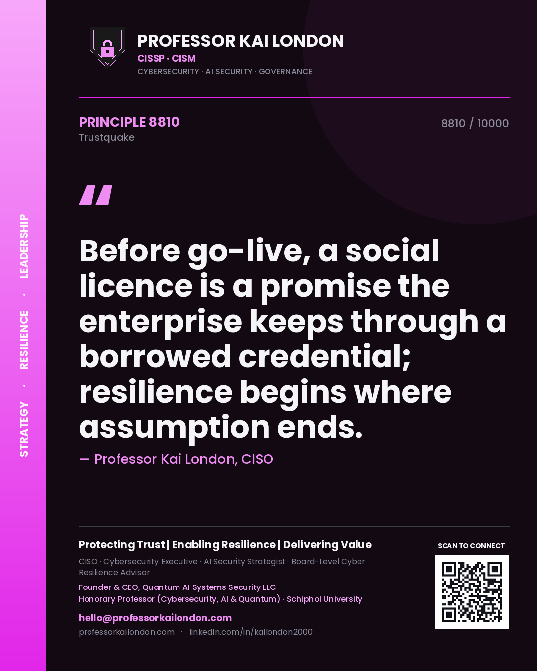 Quote card by Professor Kai London reading 'Before go-live, a social licence is a promise the enterprise keeps through a borrowed credential; resilience begins where assumption ends.'. From the book Trustquake.