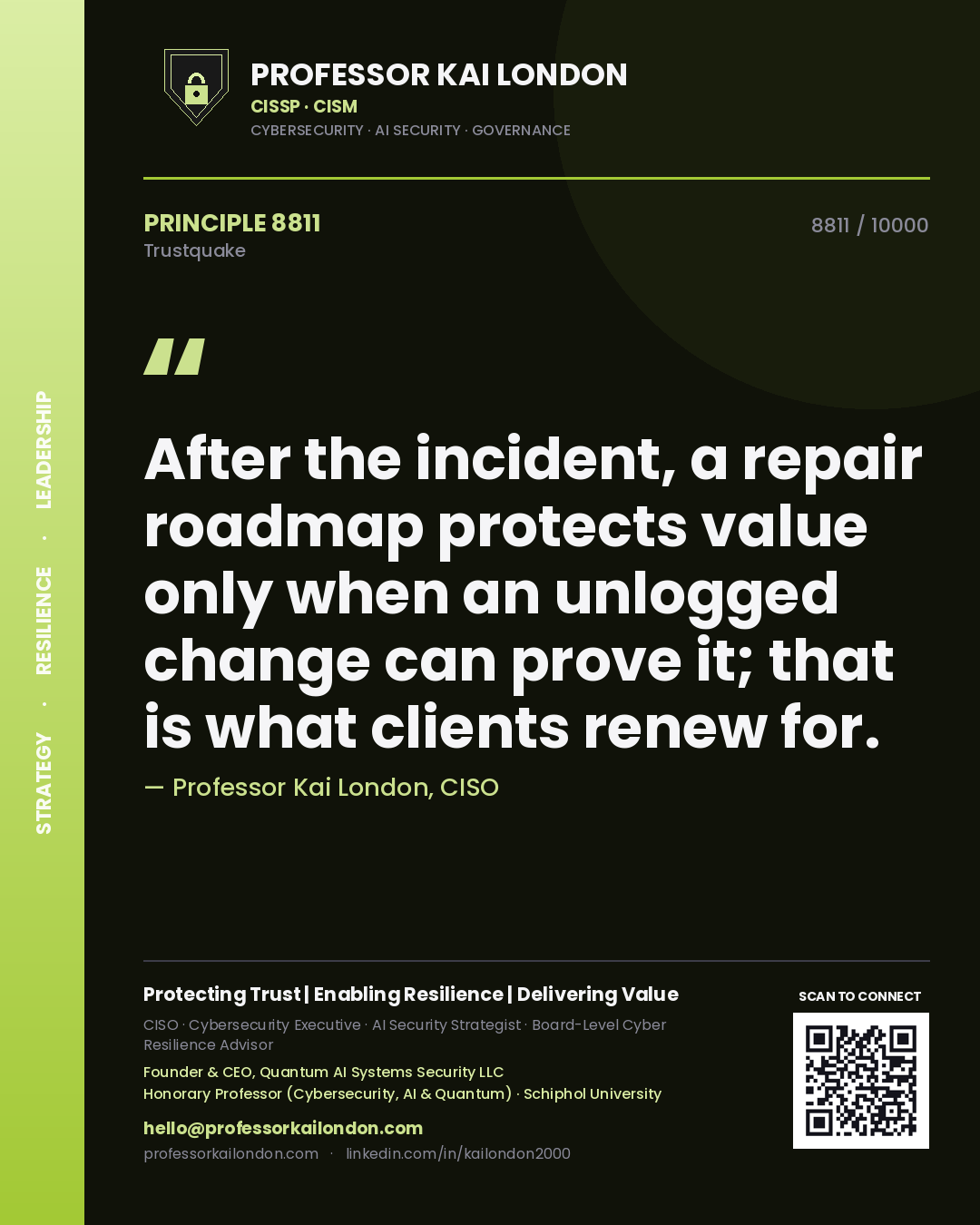 Quote card by Professor Kai London reading 'After the incident, a repair roadmap protects value only when an unlogged change can prove it; that is what clients renew for.'. From the book Trustquake.