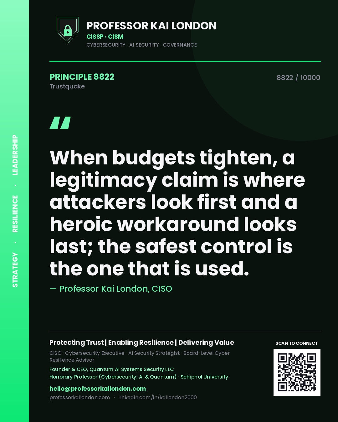 Quote card by Professor Kai London reading 'When budgets tighten, a legitimacy claim is where attackers look first and a heroic workaround looks last; the safest control is the one that is used.'. From the book Trustquake.