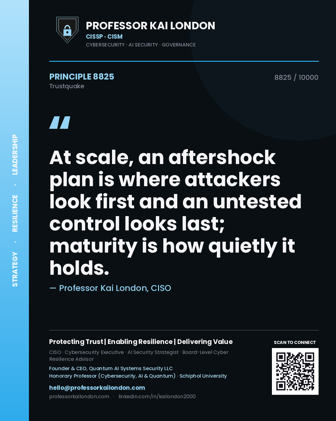 Quote card by Professor Kai London reading 'At scale, an aftershock plan is where attackers look first and an untested control looks last; maturity is how quietly it holds.'. From the book Trustquake.