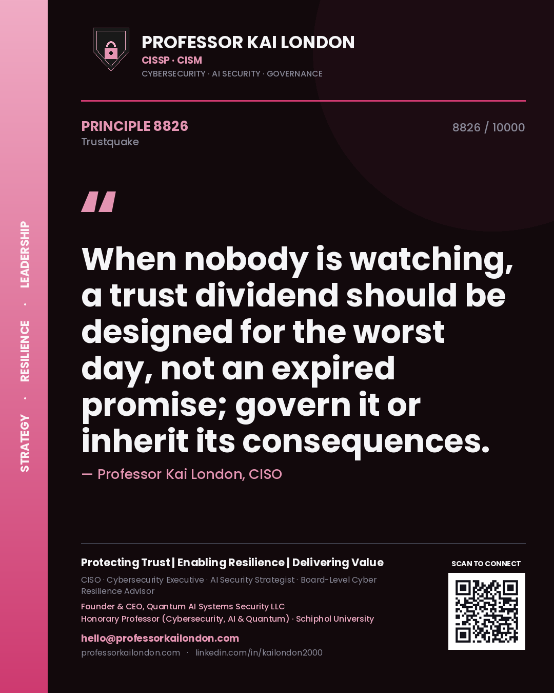 Quote card by Professor Kai London reading 'When nobody is watching, a trust dividend should be designed for the worst day, not an expired promise; govern it or inherit its consequences.'. From the book Trustquake.